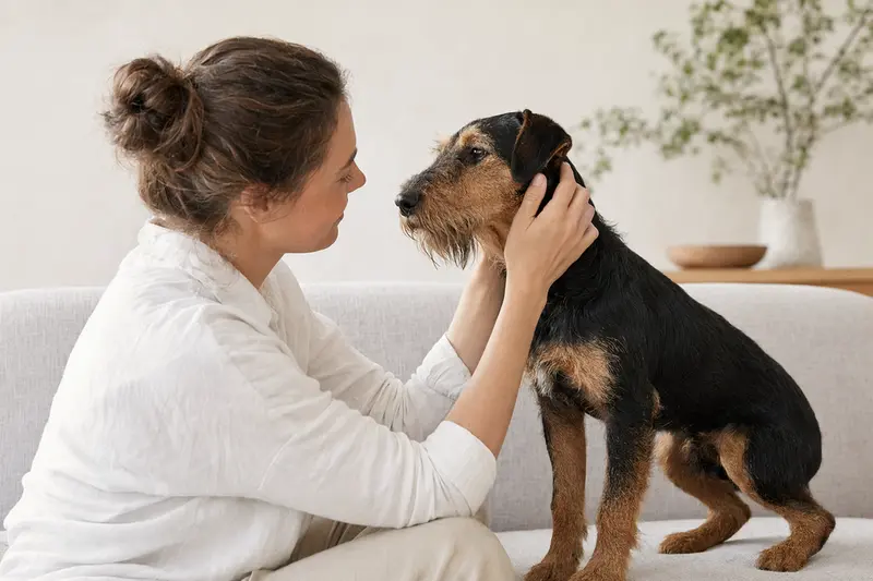 Ein aufmerksamer Deutscher Jagdterrier steht vor hellem Hintergrund in natürlicher Haltung, als realistisches Hundeportrait mit klar erkennbarer Fellstruktur.