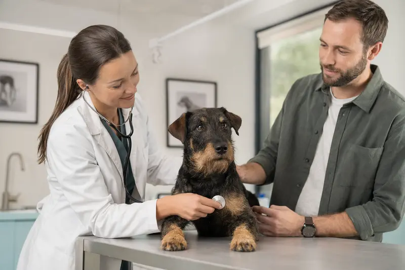 Eine Tierärztin untersucht einen ruhigen Deutschen Jagdterrier behutsam mit dem Stethoskop, während der Besitzer beruhigend danebensteht.