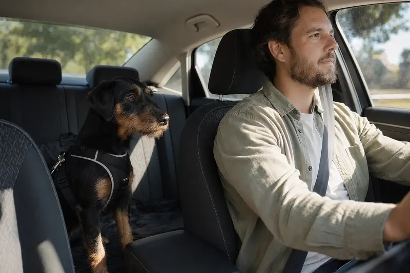Ein Deutscher Jagdterrier sitzt sicher angeschnallt auf der Rückbank eines Autos, während der Besitzer ruhig fährt.