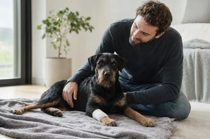 Ein Deutscher Jagdterrier mit leicht verbundenen Pfote liegt ruhig auf einer Decke, während sein Besitzer neben ihm erleichtert sitzt.