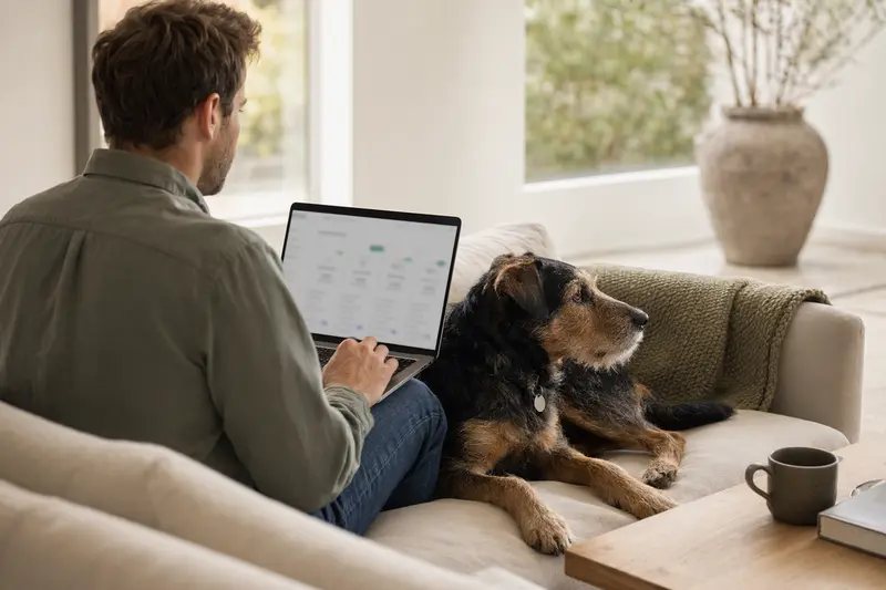 Ein Hundebesitzer arbeitet am Laptop auf dem Sofa, neben ihm sitzt ein Deutscher Jagdterrier, während er Versicherungsoptionen vergleicht.