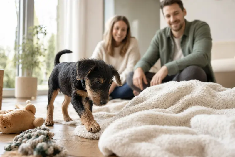 Neugieriger Deutscher Jagdterrier Welpe entdeckt sein neues Zuhause mit weicher Decke und Spielzeug in einer hellen Wohnung.