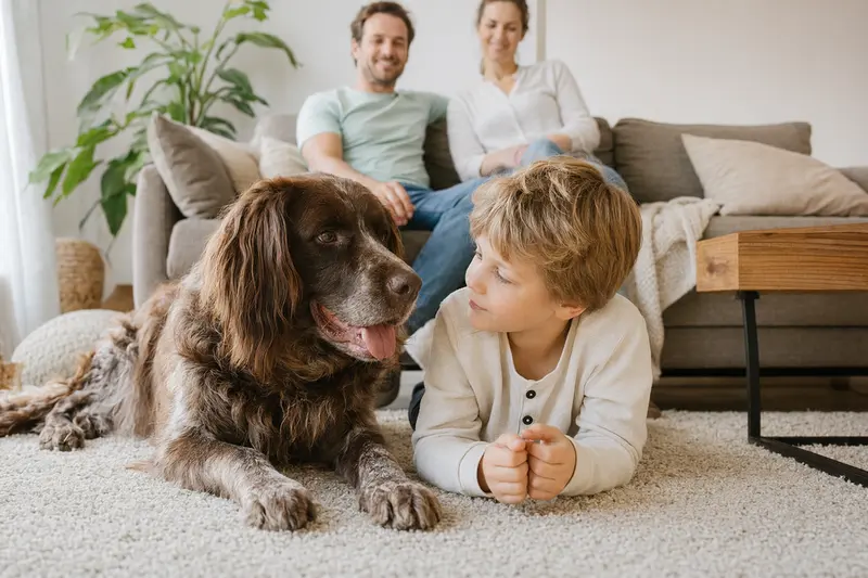 Ein Deutscher Langhaariger Vorstehhund liegt entspannt neben einem Kind im Wohnzimmer, während die Eltern im Hintergrund eine sichere Familienatmosphäre schaffen.