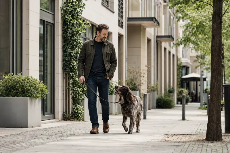 Ein Deutscher Langhaariger Vorstehhund läuft an der Leine mit seinem Besitzer durch eine freundliche moderne Stadtstraße.