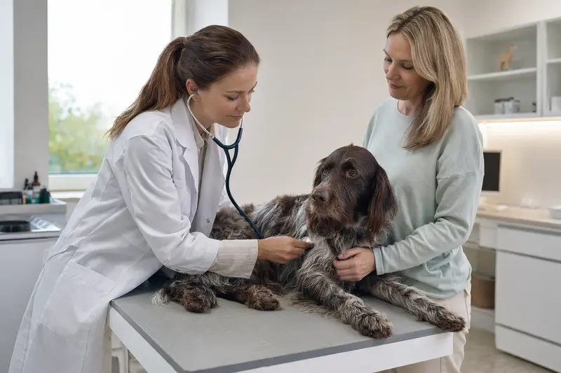 Eine Tierärztin untersucht einen Deutschen Langhaarigen Vorstehhund behutsam mit dem Stethoskop, während der Besitzer in der modernen Tierarztpraxis beruhigend danebensteht.