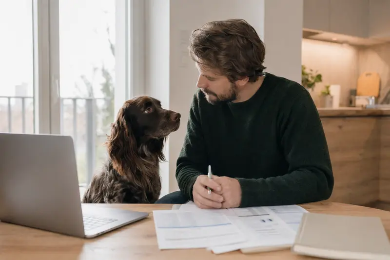 Ein Deutscher Langhaariger Vorstehhund sitzt ruhig neben seinem Besitzer am Küchentisch mit Versicherungsunterlagen und Laptop für den Hundekrankenversicherung-Vergleich.
