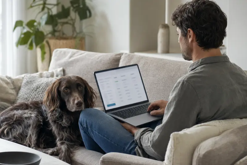 Ein Hundebesitzer arbeitet mit seinem Laptop auf dem Sofa, während sein Deutscher Langhaariger Vorstehhund daneben sitzt und die neutrale Versicherungsvergleichs-Oberfläche unscharf im Hintergrund sichtbar ist.