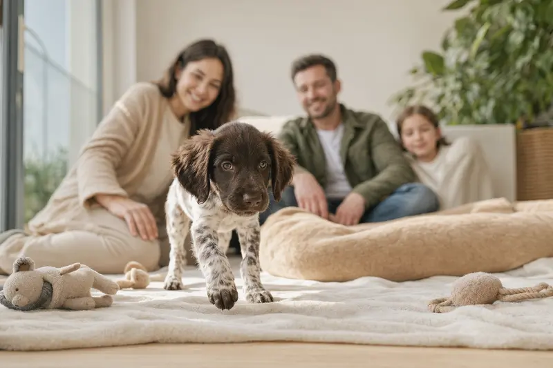 Ein junger Deutscher Langhaariger Vorstehhund-Welpe erkundet neugierig sein neues Zuhause mit weicher Decke und Spielzeug im hellen Wohnzimmer.