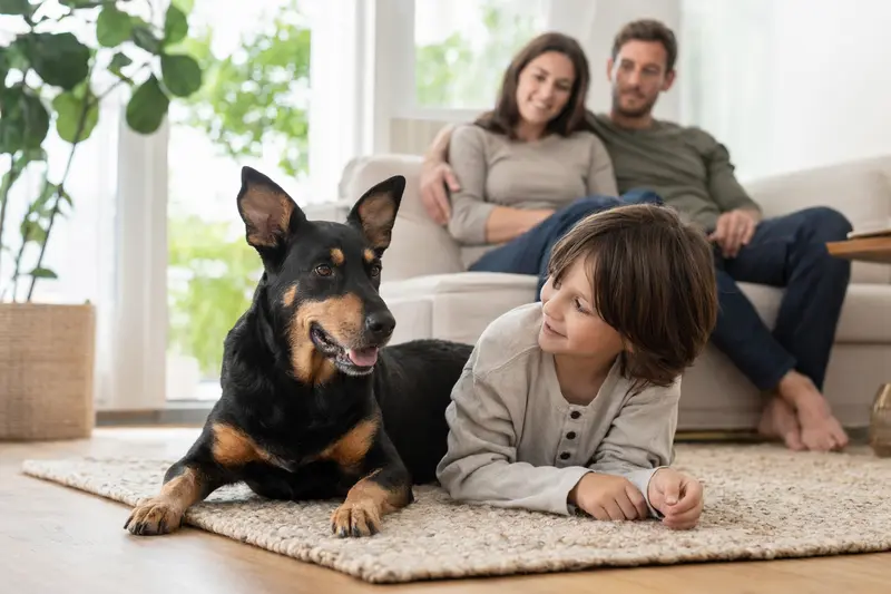Ein entspannter Deutscher Pinscher Hund liegt neben einem Kind im Wohnzimmer und schafft eine vertrauensvolle Atmosphäre.