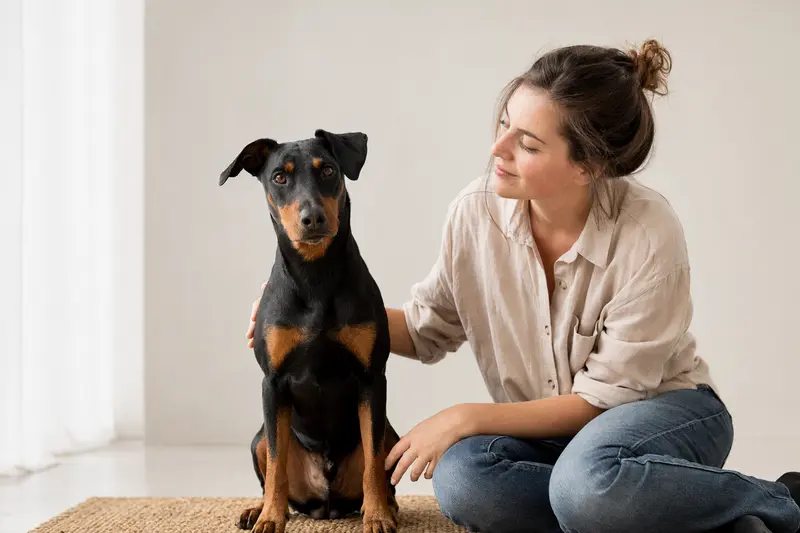 Ein aufmerksamer Deutscher Pinscher steht in natürlicher Haltung vor hellem Hintergrund und zeigt als realistisches Hundeporträt seine typische Körperform und Fellstruktur.