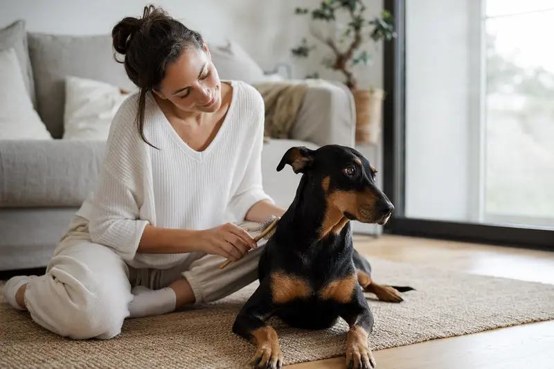 Ein Deutscher Pinscher wird in der Wohnung sanft gebürstet, während sein Besitzer liebevoll die Fellpflege übernimmt.