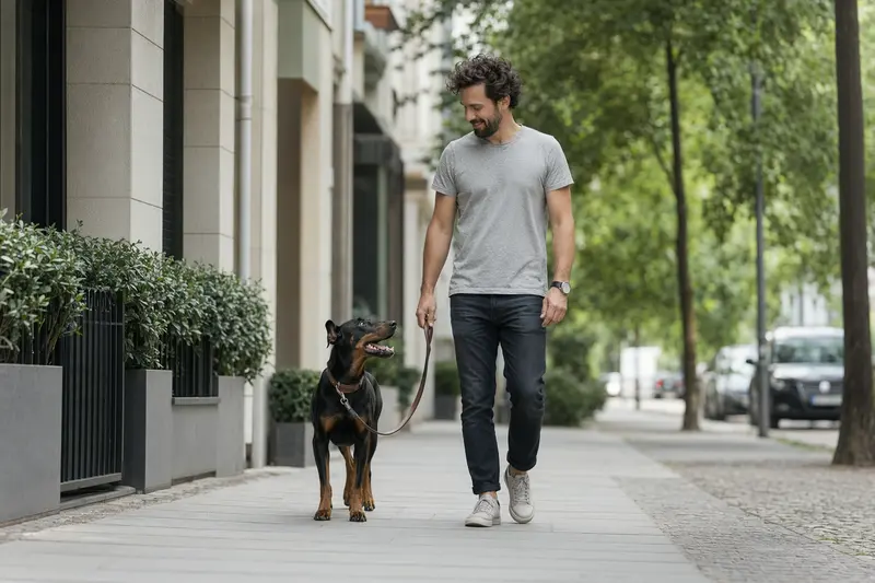 Ein Deutscher Pinscher läuft an der Leine mit seinem Besitzer durch eine freundliche moderne Stadtstraße.