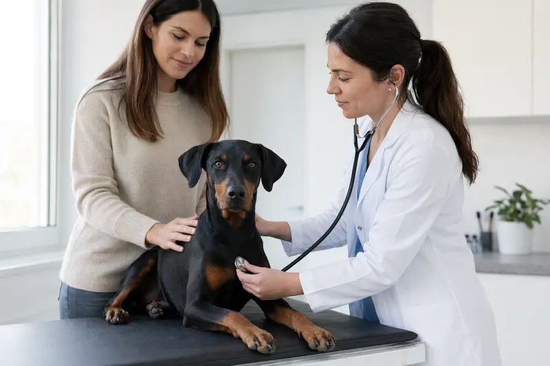 Ein Deutscher Pinscher wird von einer freundlichen Tierärztin in einer modernen Tierarztpraxis mit einem Stethoskop untersucht, während der Besitzer beruhigend daneben steht.