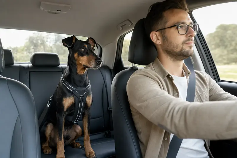 Ein Deutscher Pinscher sitzt sicher angeschnallt auf der Rückbank eines Autos.