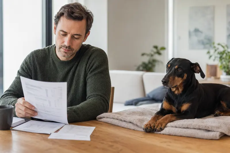 Ein Hundebesitzer sitzt mit einer Tierarztrechnung am Tisch, während ein Deutscher Pinscher entspannt auf einer Decke liegt.