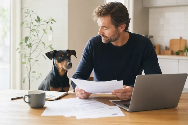 Ein Deutscher Pinscher sitzt entspannt neben seinem Besitzer am Küchentisch, auf dem Versicherungsunterlagen und ein Laptop liegen.