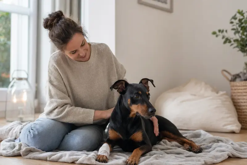 Ein Deutscher Pinscher mit Verband an der Pfote liegt entspannt auf einer Decke neben seinem erleichterten Besitzer in einer hellen Wohnung.