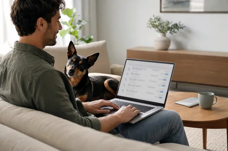 Hundebesitzer sitzt mit Laptop auf dem Sofa, neben ihm ein Deutscher Pinscher.