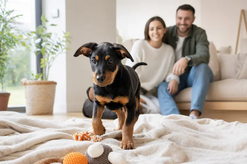 Ein neugieriger Deutscher Pinscher Welpe erkundet sein neues Zuhause mit weicher Decke und Spielzeug, während eine liebevolle Familie im Hintergrund zusieht.