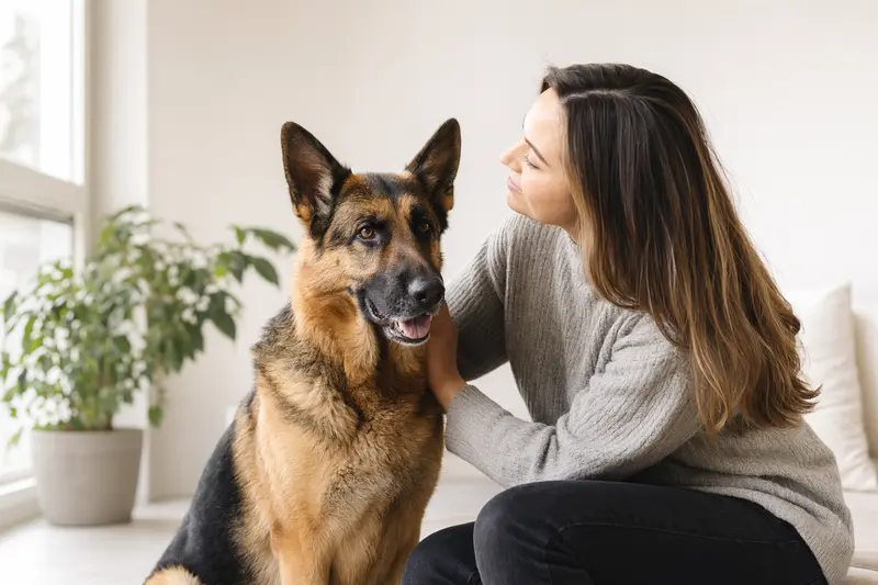 Ein aufmerksamer Deutscher Schäferhund steht vor neutralem Hintergrund und zeigt seine typische Körperform.