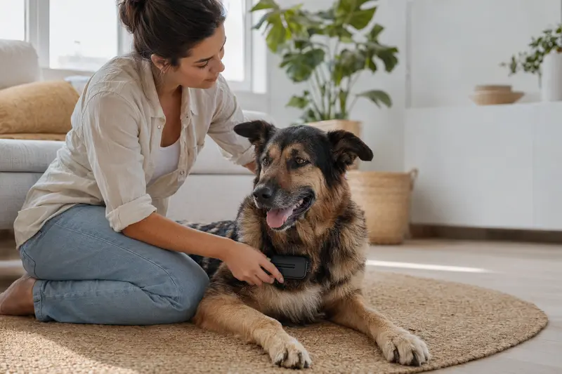 Ein Deutscher Schäferhund wird liebevoll von seinem Besitzer zuhause gebürstet, was die Wichtigkeit der Fellpflege unterstreicht.