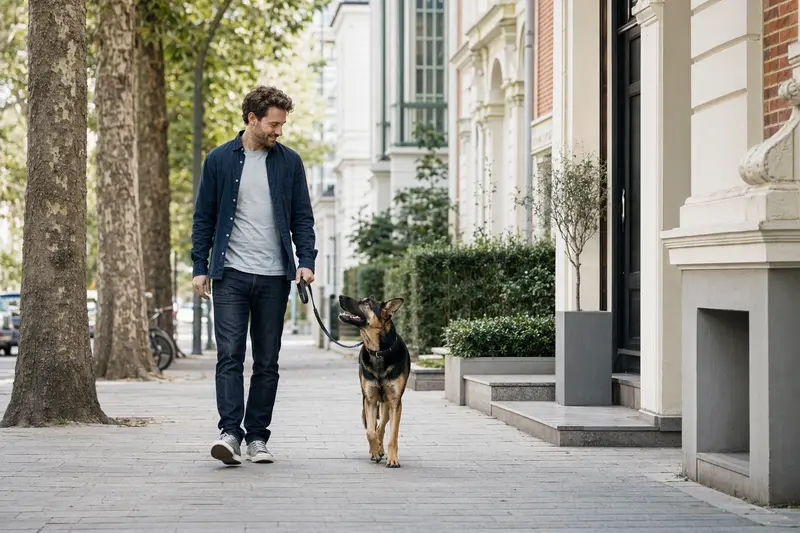 Ein Deutscher Schäferhund läuft an der Leine mit seinem Besitzer entspannt durch eine moderne Stadtstraße.