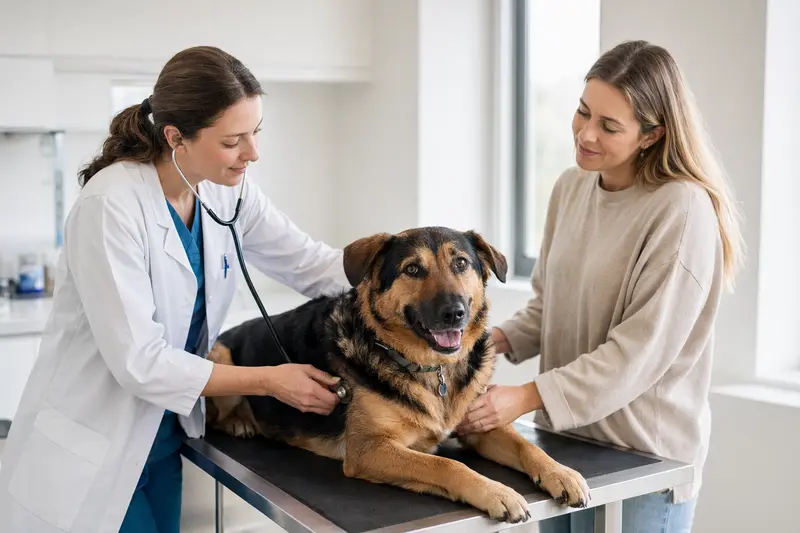 Ein ruhiger Deutscher Schäferhund wird behutsam von einer freundlichen Tierärztin mit einem Stethoskop untersucht, während der Besitzer beruhigend danebensteht.