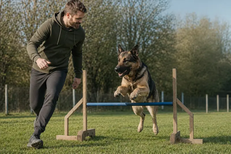 Ein fröhlicher Deutscher Schäferhund springt mit seinem Besitzer über eine kleine Trainingshürde auf einem Hundeplatz unter sonnigem Himmel.