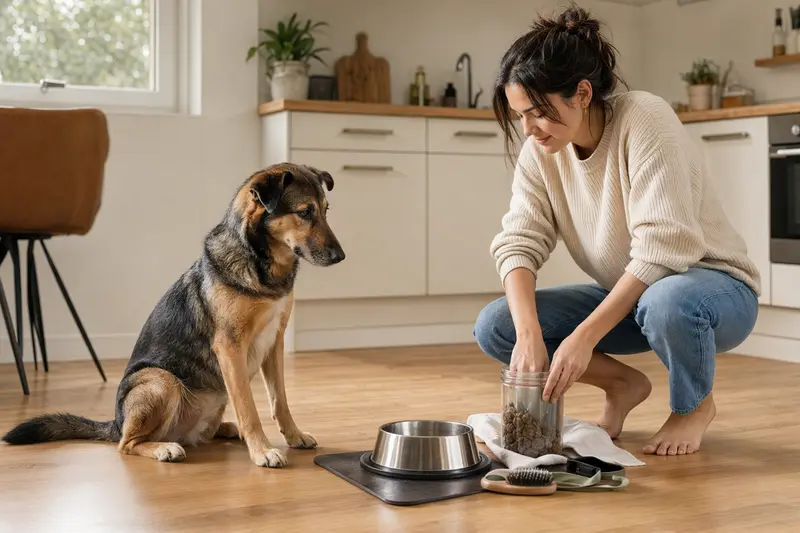 Ein Deutscher Schäferhund sitzt neben einem Futternapf und Pflegezubehör, während sein Besitzer gesundes Hundefutter in einer hellen Küche vorbereitet.