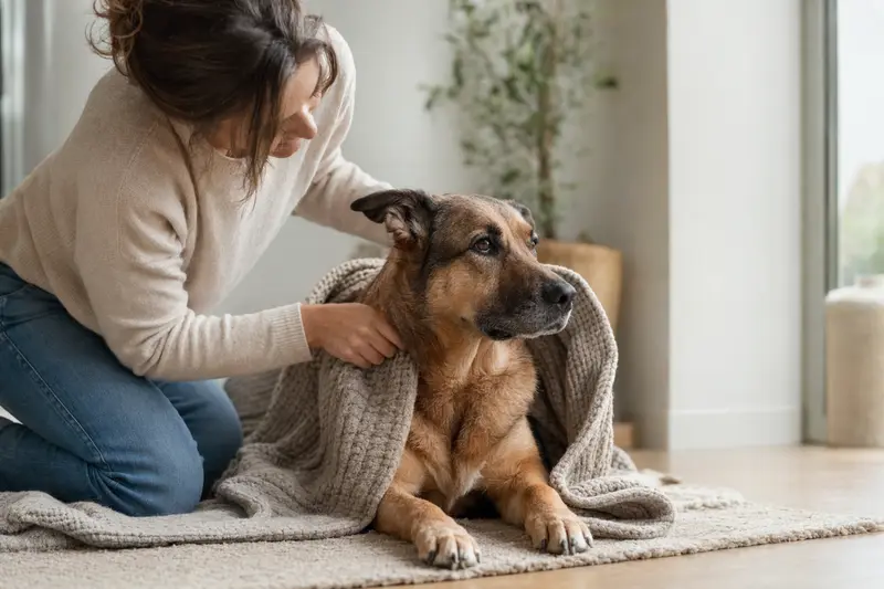 Ein entspannter Deutscher Schäferhund liegt in einem hellen Zuhause, während sein Besitzer ihm liebevoll eine Decke überlegt und ihm Schutz bietet.