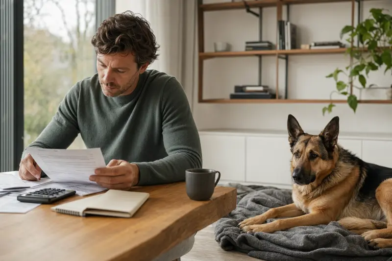 Ein entspannter Deutscher Schäferhund liegt neben einem Besitzer am Tisch mit einer Tierarztrechnung in einer hellen Wohnung.