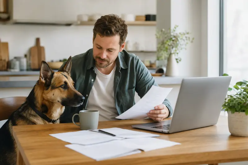 Ein Deutscher Schäferhund sitzt ruhig neben seinem Besitzer am Küchentisch mit Versicherungsunterlagen und einem Laptop.