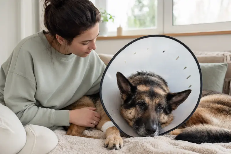 Ein entspannter Deutscher Schäferhund mit medizinischem Schutzkragen ruht auf einer Decke, während sein Besitzer beruhigend daneben sitzt.