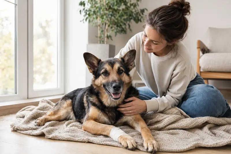 Ein entspannter Deutscher Schäferhund mit einem leichten Verband an der Pfote liegt auf einer Decke, während sein erleichterter Besitzer neben ihm sitzt.