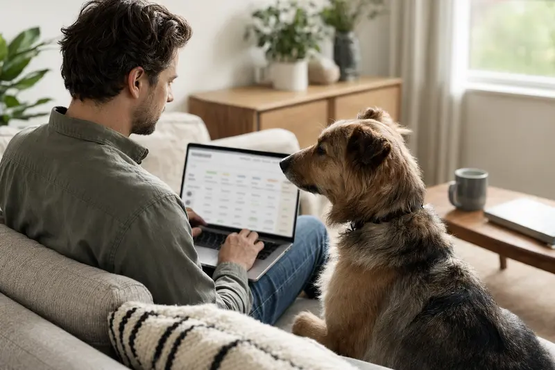 Ein entspannter Hundebesitzer arbeitet am Laptop, während sein Deutscher Schäferhund neben ihm sitzt.