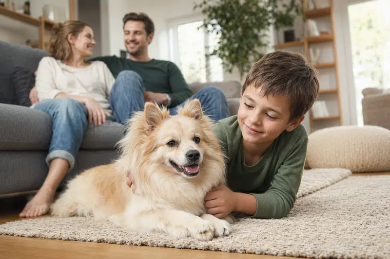 Ein Deutscher Spitz Hund liegt entspannt neben einem Kind im hellen Wohnzimmer.