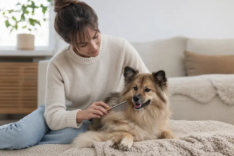Ein Deutscher Spitz wird in einer hellen Wohnung liebevoll gebürstet und gepflegt.