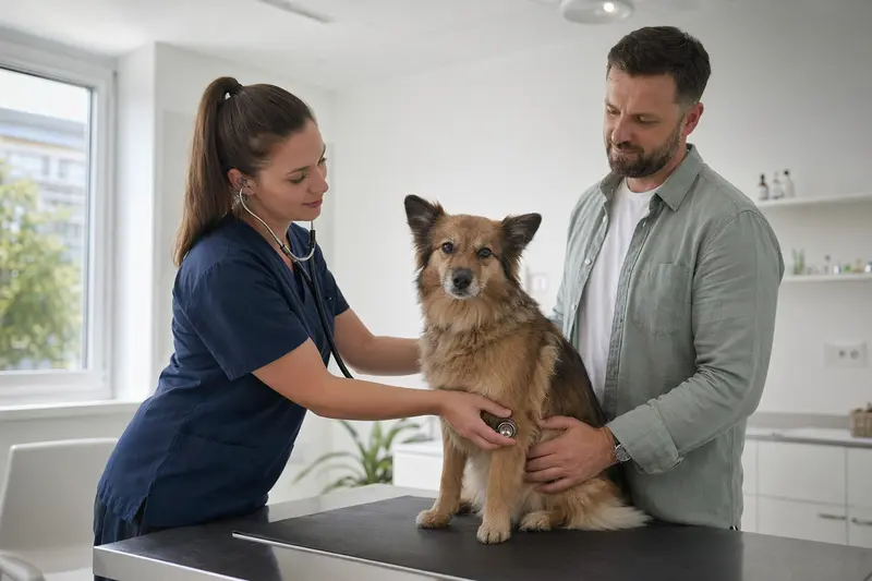 Ein Deutscher Spitz wird in einer modernen Tierarztpraxis von einer freundlichen Tierärztin mit einem Stethoskop untersucht.
