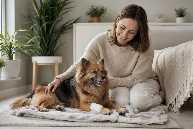 Ein Deutscher Spitz Hund mit Verband an der Pfote entspannt neben seinem Besitzer in einer hellen Wohnung.