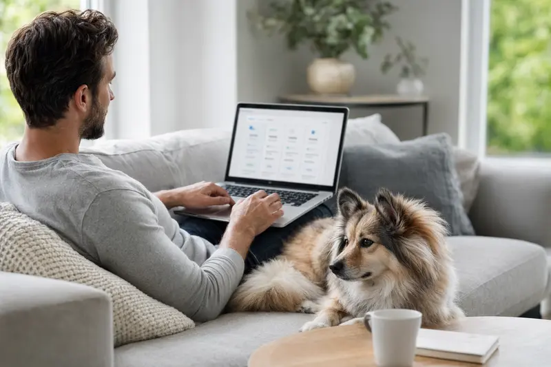 Ein Hund und sein Besitzer arbeiten zusammen an einem Laptop auf dem Sofa, während sie sich über Versicherungen informieren.