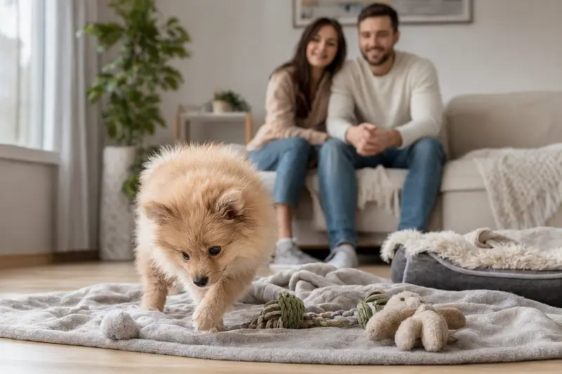 Ein junger Deutscher Spitz Welpe erkundet neugierig sein neues Zuhause mit einer weichen Decke und Spielzeug.
