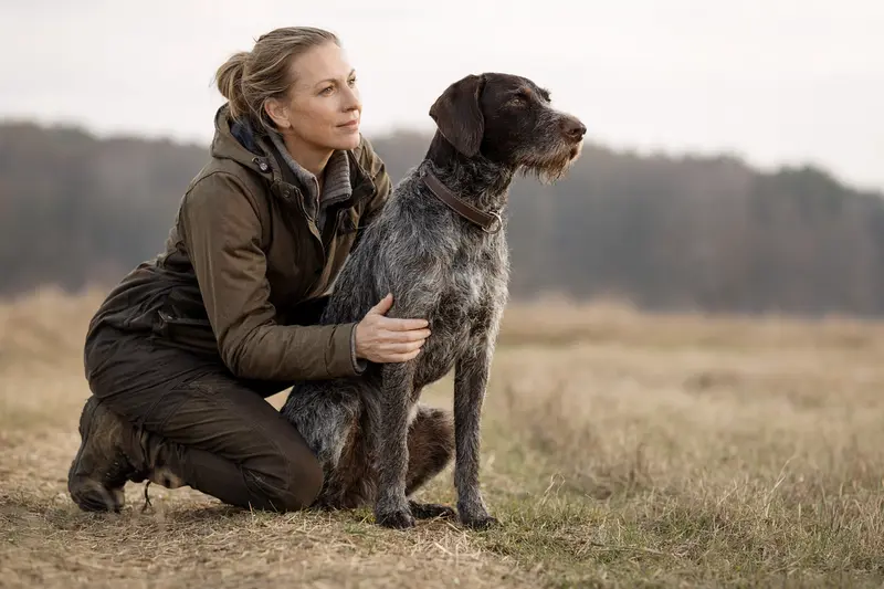Ein aufmerksamer Deutscher Vorstehhund Drahthaar steht in natürlicher Haltung vor hellem Hintergrund.