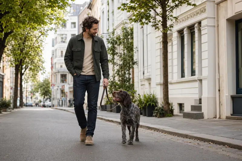 Ein Deutscher Vorstehhund Drahthaar läuft an der Leine mit seinem Besitzer durch eine moderne Stadtstraße.