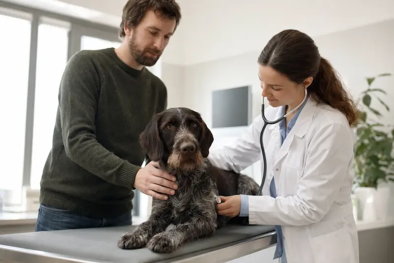 Ein Deutscher Vorstehhund wird behutsam von einer freundlichen Tierärztin in einer modernen Tierarztpraxis untersucht.