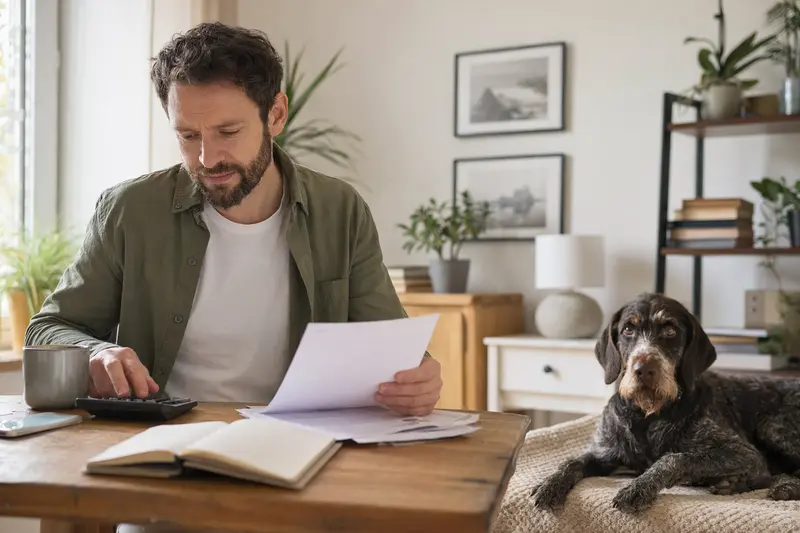 Ein Hundehalter sitzt mit einer Tierarztrechnung am Tisch, während ein entspannter Deutscher Vorstehhund drahthaar auf einer Decke liegt und das Thema Tierarztkosten für Hunde ruhig vermittelt.