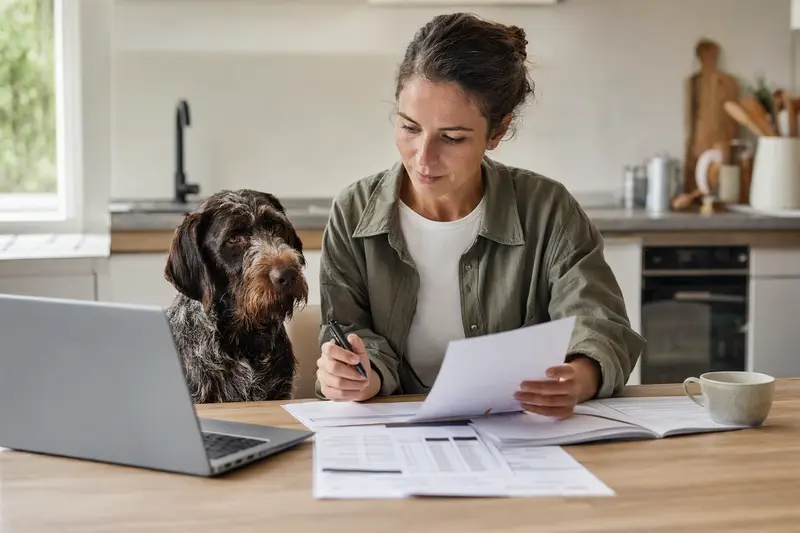 Ein Deutscher Vorstehhund sitzt neben seinem Besitzer am Küchentisch, während Versicherungsunterlagen und ein Laptop auf dem Tisch liegen.