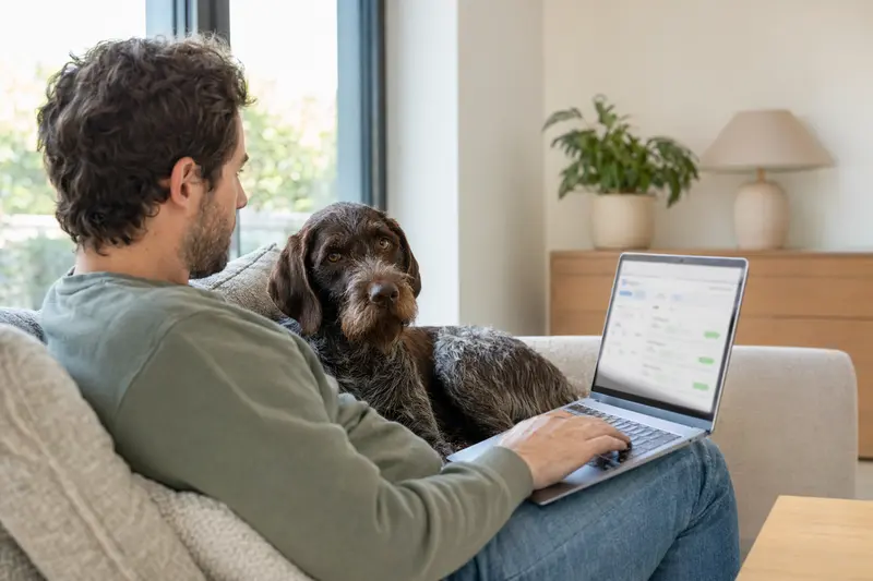 Ein Besitzer sitzt mit einem Laptop auf dem Sofa und hat seinen Deutschen Vorstehhund neben sich, während er einen Versicherungsvergleich durchführt.