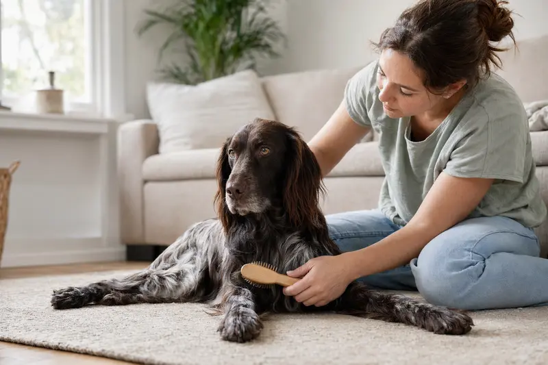 Ein Deutscher Vorstehhund (Langhaar) wird in einer hellen Wohnung sanft gebürstet, während sein Besitzer liebevoll die Fellpflege übernimmt.