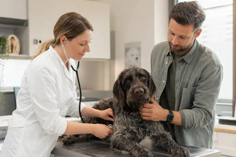Eine freundliche Tierärztin untersucht einen ruhigen Deutschen Vorstehhund Langhaar mit dem Stethoskop, während der Besitzer beruhigend danebensteht.