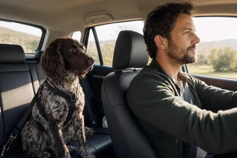 Ein Deutscher Vorstehhund (Langhaar) sitzt sicher angeschnallt auf der Rückbank eines Autos, während sein Besitzer ruhig fährt.